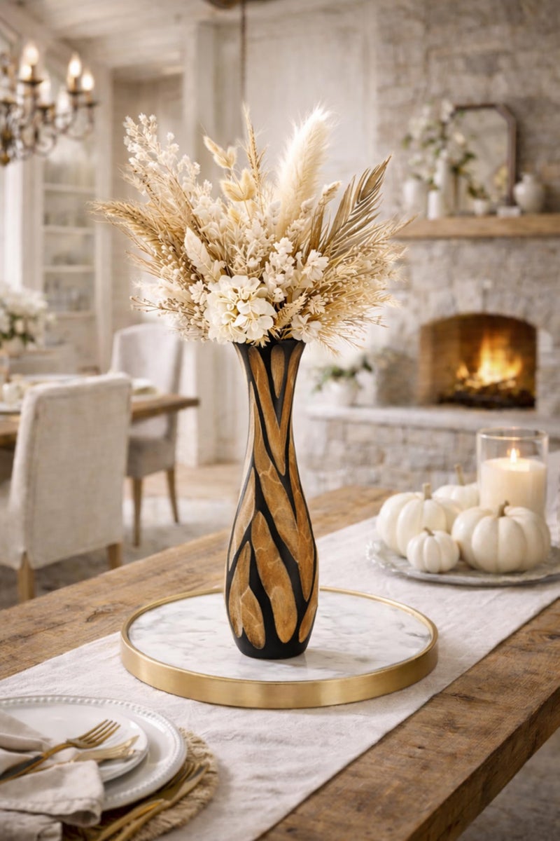 AeraVida Beautifully Hand Carved Etched Dark Brown Mango Tree Wood Vase | 14 inch | Classic Flower Vase - Image 3